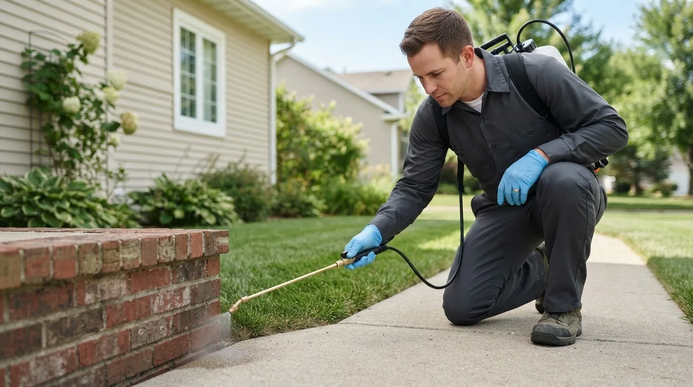 Pest control technician treating a home near North Prairie, WI