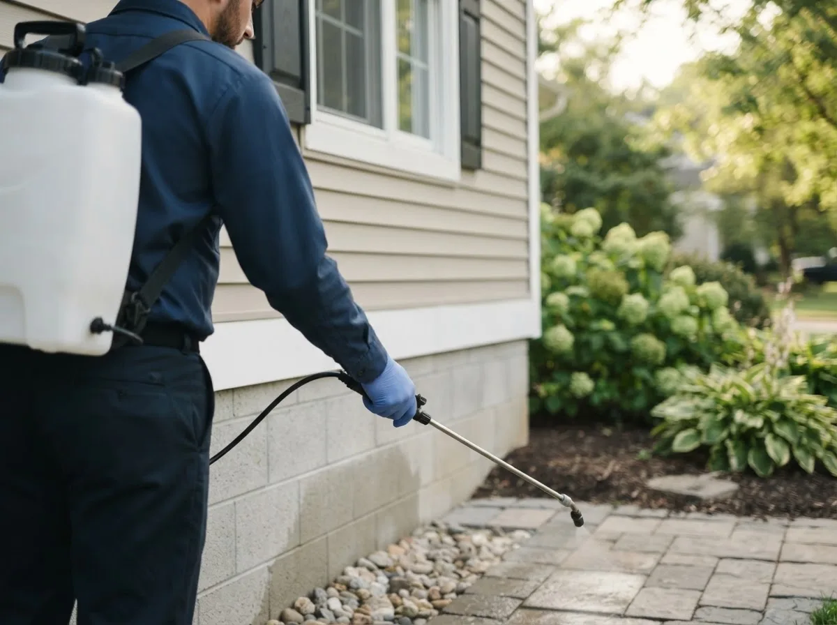 Pest control technician inspecting a home in North Prairie, WI